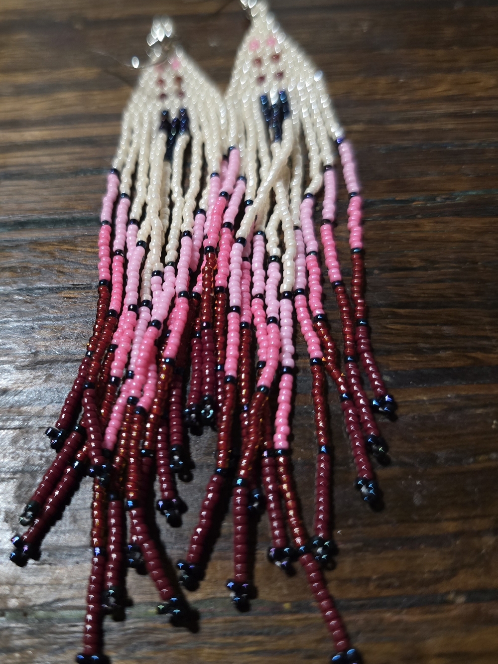 Handmade Beaded Fringe Earrings in Cream, Pink & Burgundy